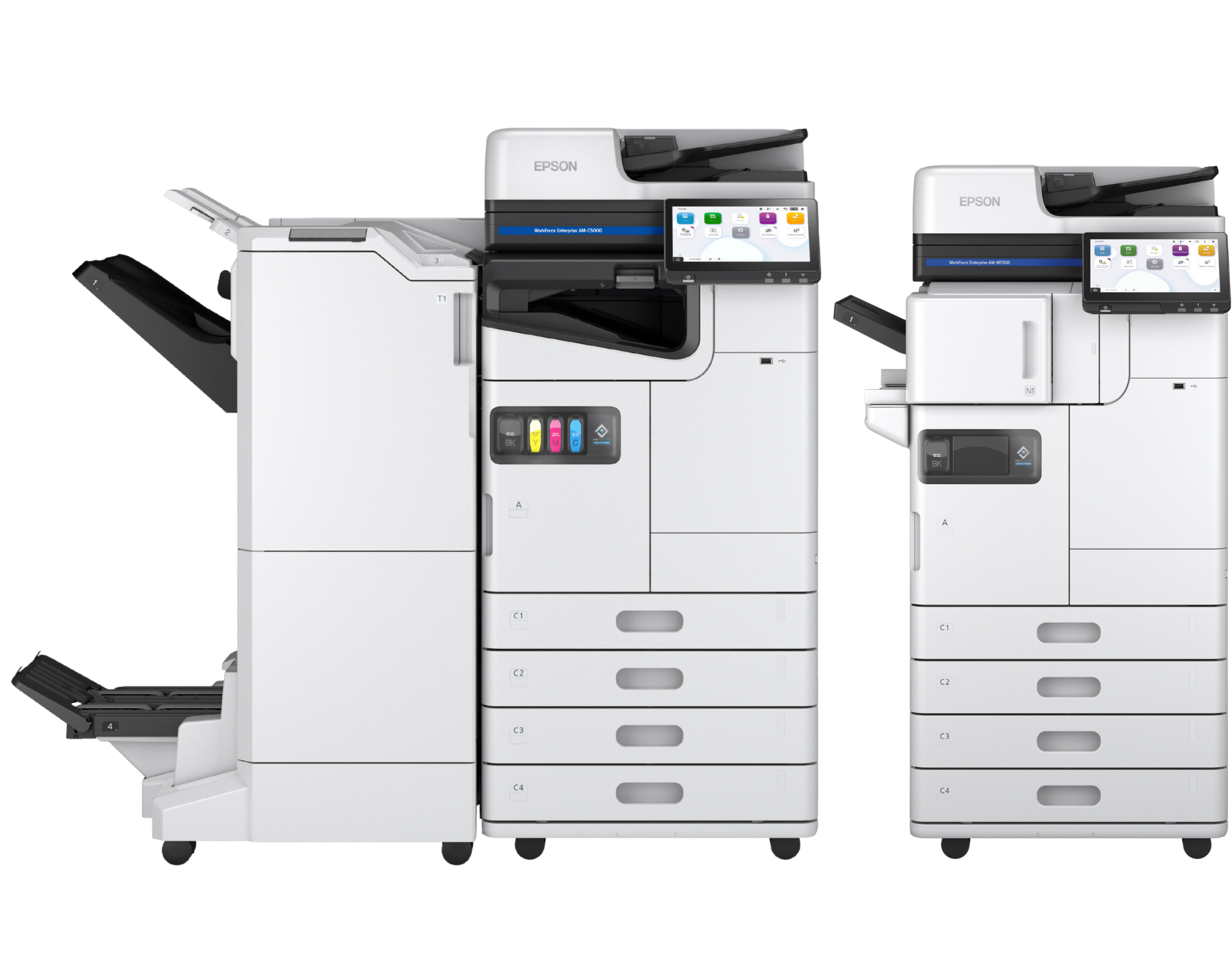 Epson WorkForce Enterprise multifunction business copiers with high-capacity trays and touchscreen controls