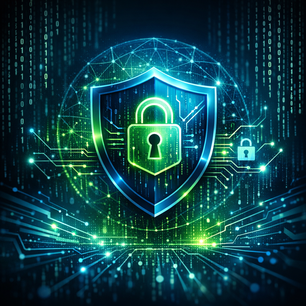 Cybersecurity shield protecting business data with digital lock and secure network technology