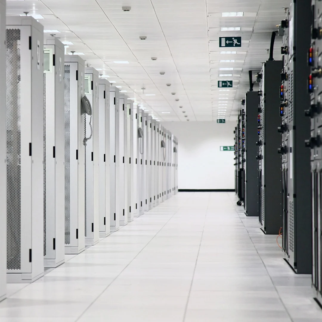 Secure data center aisle with enterprise server racks and controlled access