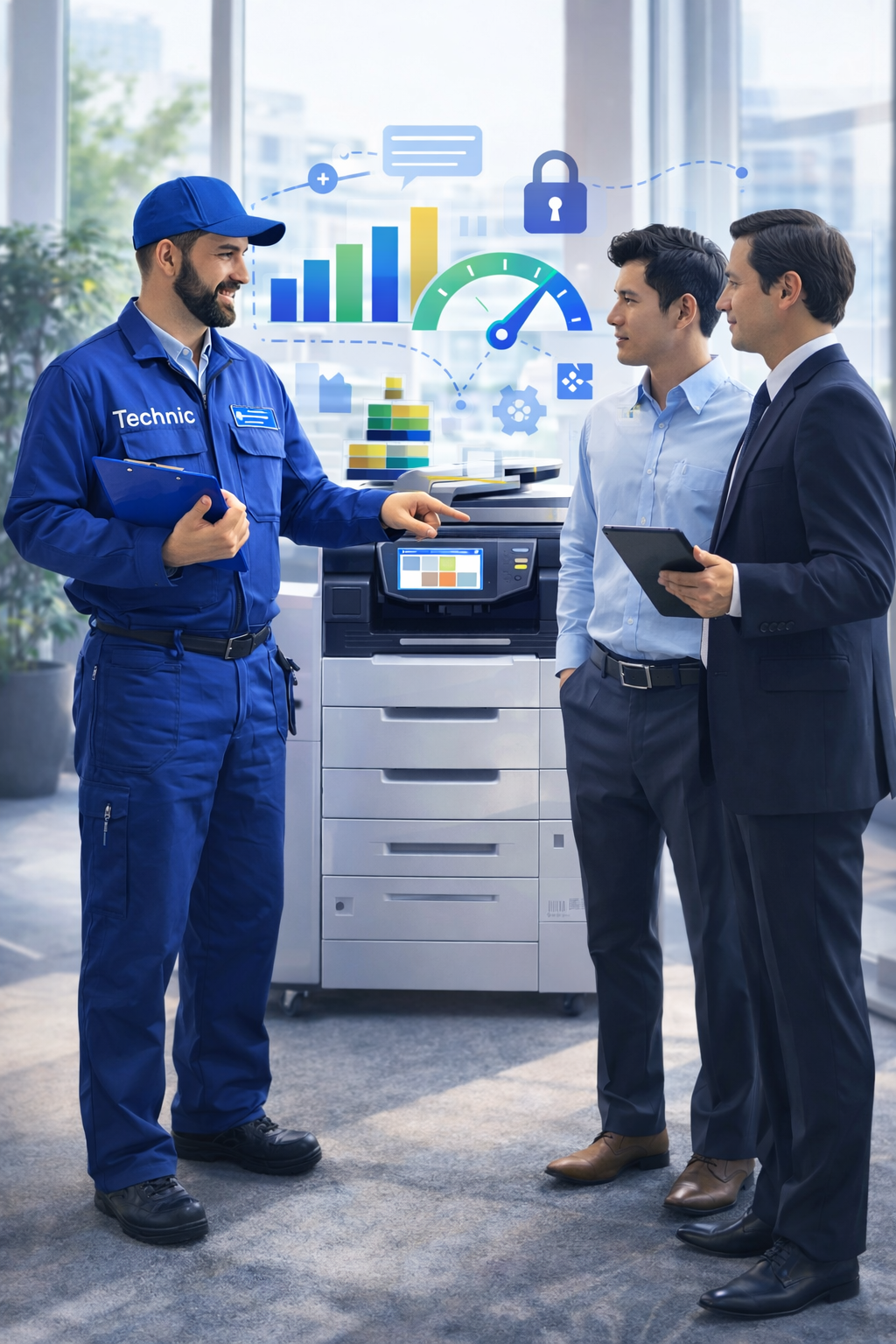 Technic technician consulting with clients on managed print and document solutions using business copiers
