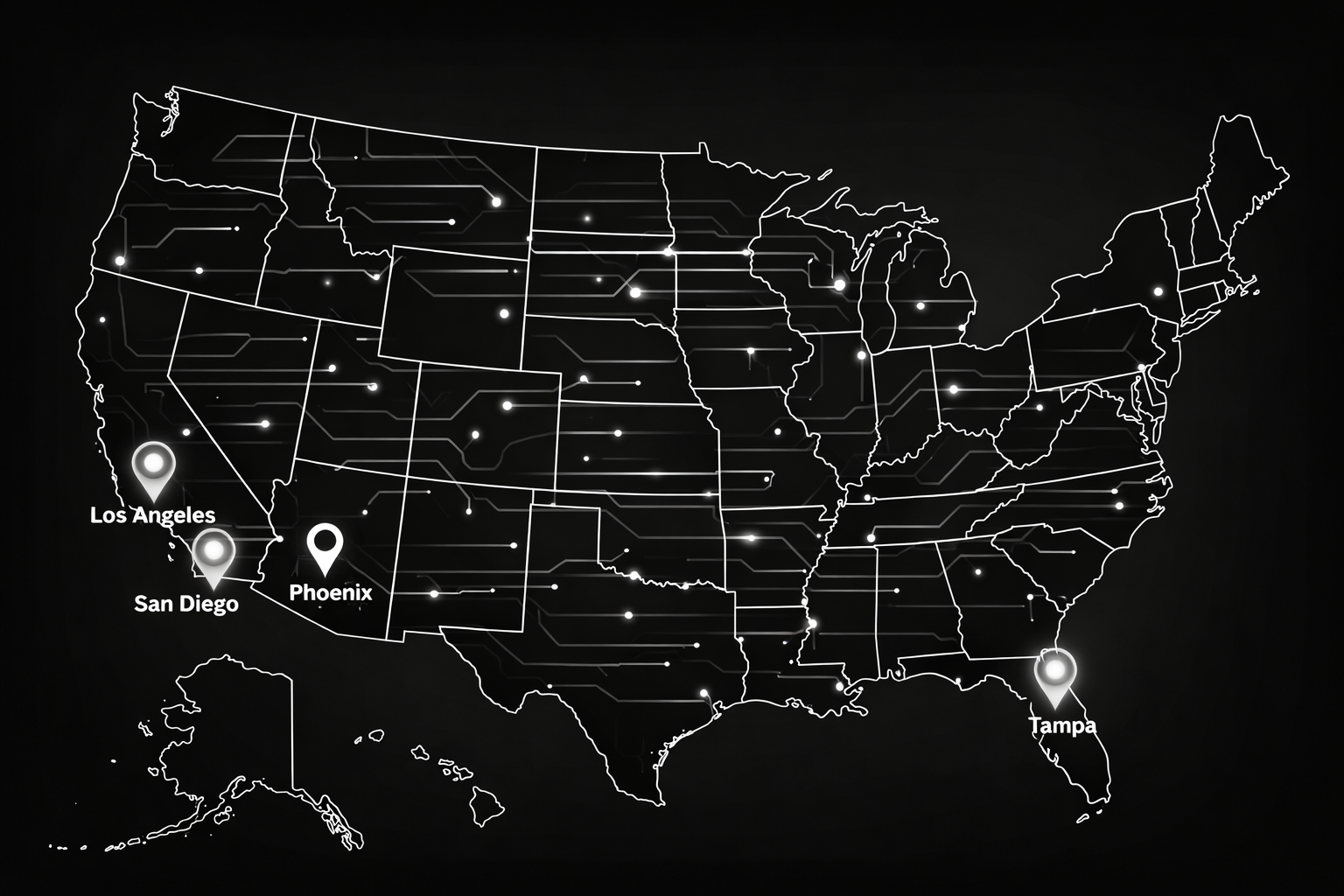 U.S. map highlighting Technic data center locations in Los Angeles, San Diego, Phoenix, and Tampa