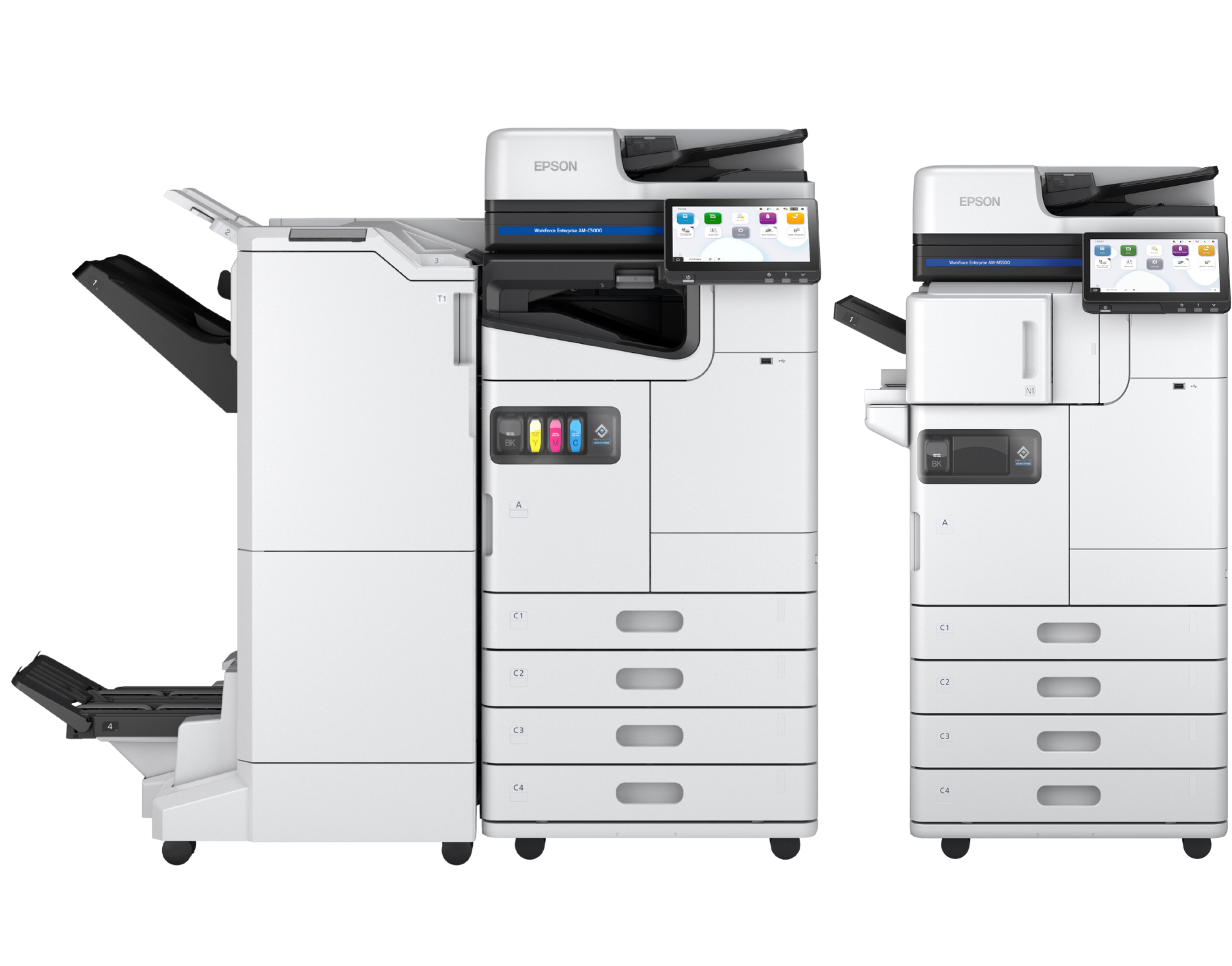 Epson WorkForce Enterprise multifunction business copiers with high-capacity trays and touchscreen controls